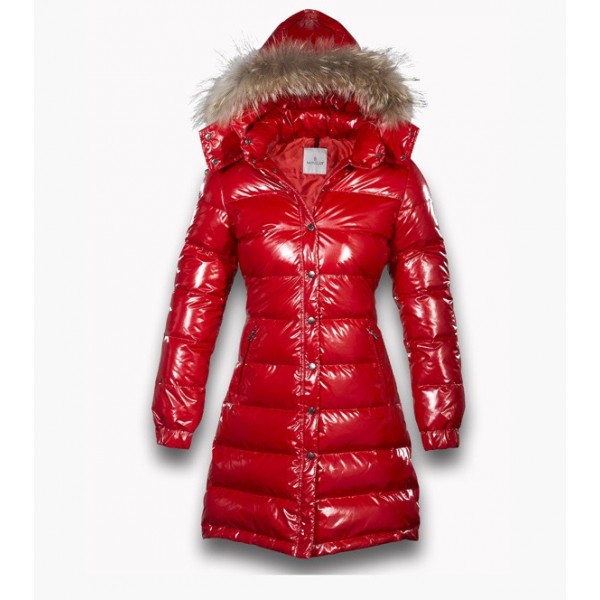 Moncler lunga Rosso Mock colletto e protezione della pelliccia Cappotti uscita